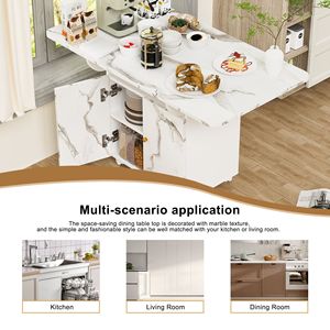 47\" <b>White</b> Marble Color Kitchen Dining Table <b>Storage</b> Rack <b>Cabinet</b> Removable 6-Wheel Entryway Table Wood Kitchen Islands Carts - Product Image 5