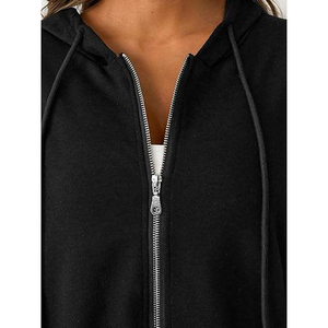 <b>Women's</b> Cropped <b>Zip</b>-Up <b>Hoodie</b> Solid <b>Black</b> Drop-Shoulder Long Sleeve Knitted Cotton Autumn Casual Wear - Product Image 6