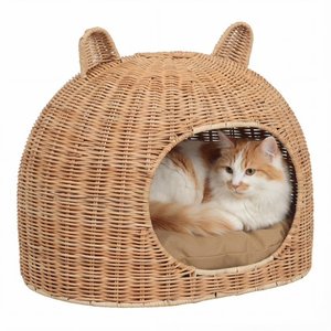 Niche pour chat en rotin en forme de dôme, avec oreilles d'ours mignonnes, panier-lit en osier pour chat, nid de sommeil fermé pour chien d'intérieur avec coussin moelleux - Product Image 3
