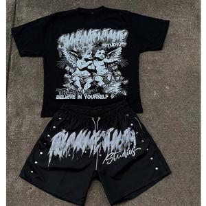 Vente en gros de haute qualité sérigraphie personnalisée hommes Vintage lavé acide lavage sweat shorts ensemble t-shirts et shorts pour hommes - Product Image 2