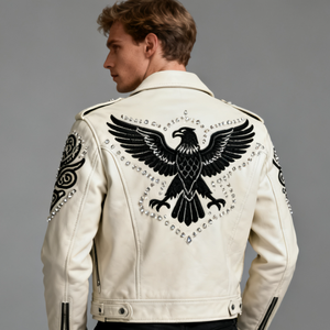 OEM Men's PU Leather Motor <b>Jacket</b> Plain Embroidery <b>Rhinestone</b> Rivets Windproof Anti-Bacterial Features Silk Lining Full - Product Image 5