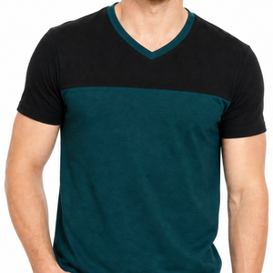Camiseta de cuello en V lisa de alta calidad con logotipo personalizado para hombre, camiseta informal de manga corta de dos tonos en verde oscuro y negro. - Product Image 2