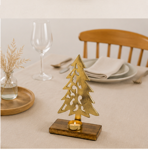 Luxury Golden Aluminium Christmas Tree Tealight Candle Holder On Mango Wood Base Handcrafted Festive Ornament for Holiday Table - Product Image 2