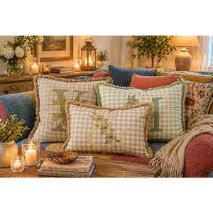 Premium Cotton Linen Embroidered Cushion <b>Cover</b> with Fringed Edge | Decorative <b>Throw</b> Pillow <b>Cover</b> for <b>Sofa</b>, Living Room & Home - Product Image 1