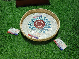 Beautiful Indian Craft Mother of Pearl Rattan Serving Tray <b>Set</b> Affordable Round Style for <b>Tea</b>, Snacks, and Gift Presentation - Product Image 6