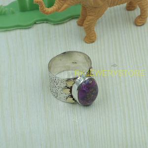Bague en cuivre violet et turquoise, argent sterling 925 et laiton, faite à la main, design cœur, bague statement, style bohème vintage, bijoux en pierres précieuses - Product Image 2