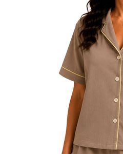 Ensemble de pyjama personnalisé pour femme en popeline de coton marron moka, manches courtes, brodé, vêtements de détente d'été, ensemble short boutonné - Product Image 3