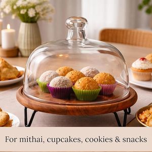 Support à gâteau en verre transparent Aqdus Saleem avec dôme, plateau rond en bois pour présentation de desserts avec pieds en métal, modèle Aq145 pour table de mariage ou de fête - Product Image 2
