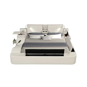 Letto Matrimoniale Smart Multifunzionale in Legno, Imbottito in Beige - Product Image 2