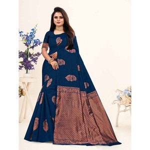 ROPA DE BODA BANARASI SEDA JACQUARD SAREE CON BLUSA DESCOSTADA AZUL - Product Image 1
