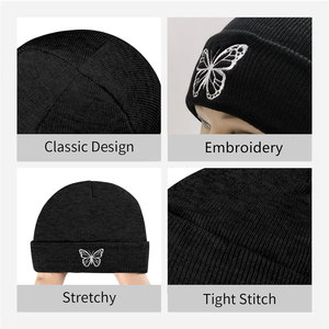 Black Beanie <b>Hat</b> with White Butterfly Embroidery Unisex Winter <b>Warm</b> Cap Casual Style Adult Size 56-58CM - Product Image 6