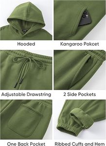 Sweat-shirt à capuche vert pour homme, ensemble de survêtement à manches longues, couleur unie, vêtements décontractés, 100% coton respirant, tenue d'automne - Product Image 4