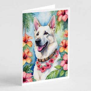 Whimsical A7 Tamaño 5x7 Tarjetas de nota en blanco Paquete de 8 tarjetas de felicitación Luau de Pastor Alemán blanco con sobres - Product Image 1