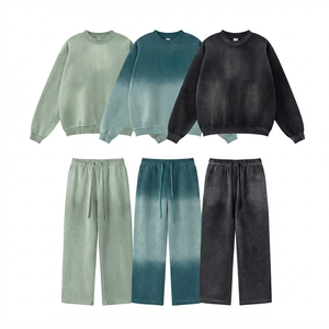 Ensemble de survêtement unisexe en coton teint par immersion, col rond, manches longues, couleur dégradée, coupe ample, décontracté, pour l'automne, avec pantalon à cordon de serrage - Product Image 4