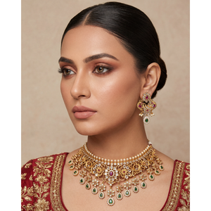 Indian Ethnic Alka Traditional Gold Plated Zircon Choker Necklace & Earring Set for Bridal - Product Image 1