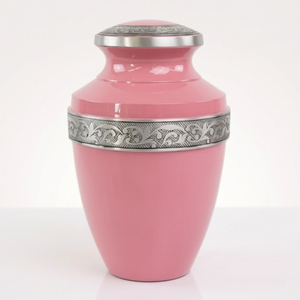 Urnas de Cremación de Metal Rosa para Cenizas Humanas, Tamaño Adulto, Diseño Floral Grabado, Banda Plateada, Urna Funeraria Conmemorativa Con Tapa Roscada - Product Image 1