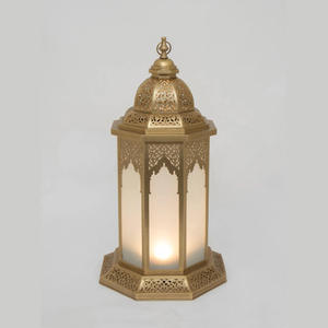 Golden Hexagon <b>Moroccan</b> Brass <b>Lantern</b> With Frosted Glass Panels For Home Decoration - Product Image 2
