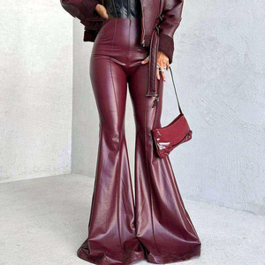 Women High Waist Leather Flare Pants Slim <b>Thighs</b> Bell Bottom Pintuck Detail Zip Back Trendy Evening Wear Modern Women Luxury - Product Image 6