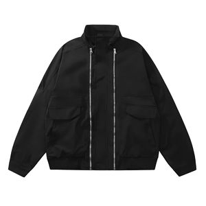 Men's Brown Bomber <b>Jacket</b> Zipper Closure Stand Collar Casual Style Polyester Material Solid Color Regular Fit Autumn Wear - Product Image 3
