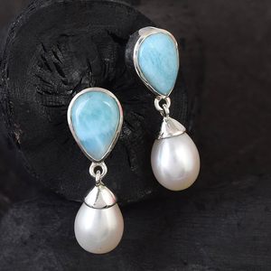 Nouvelles boucles d'oreilles pendantes en argent sterling S925 avec larimar et perle, serti clos, style classique, bijoux fins pour femme, à porter au quotidien - Product Image 2