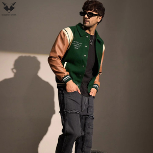 Custom Contrast Color Varsity Style Long Leather Sleeve Button Up <b>Stand</b> For Spring Autumn Outdoor Baseball Varsity Jackets - Product Image 6