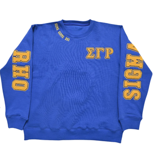 Sweat-shirt d'hiver Sigma Gamma Rho en chenille avec motif au dos, 100 % coton, bleu, pour femme, avec lettres grecques brodées, col rond, haut de gamme - Product Image 1