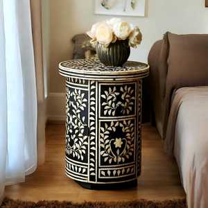 Traditional <b>Round</b> <b>Console</b> <b>Table</b> With Floral Inlay Storage Drawer Antique Style Wooden Pedestal Base Living Room Furniture - Product Image 4