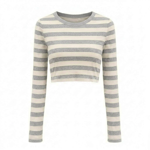 Camiseta corta personalizada para mujer, gris con rayas blancas, manga larga, cuello redondo, de secado rápido, ligera, de poliéster, moderna, para verano. - Product Image 1