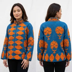 Sujani Eco-Friendly Finished Khadi Cotton Linen Natural Dye <b>Jacket</b> Autumn Outerwear <b>Fringed</b> <b>Sequins</b> Patchwork Decor Custom Logo - Product Image 3