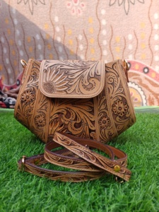 Boho <b>Women's</b> Luxury Hand <b>Bag</b> with Zip Closure Tooled Floral Design Vintage Sling <b>Bag</b> Cowhide Leather Ready to Stock - Product Image 4