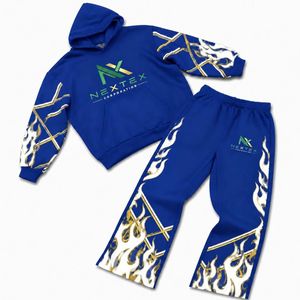 Ensemble sweat à capuche et pantalon de survêtement personnalisé pour homme, imprimé flamme, 2 pièces, tenue streetwear hiver, style hip-hop, survêtement polaire - Product Image 2