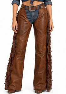 Leather Fringed Pants High Waist <b>Loose</b> Fit Full Length <b>Women's</b> <b>Trousers</b> - Product Image 2