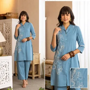 Blue <b>Linen</b> Embroidered Kurta <b>Set</b> Turn-down Collar Three Quarter Sleeve Loose Fit Midi Dress Casual Pants Summer Wear - Product Image 3