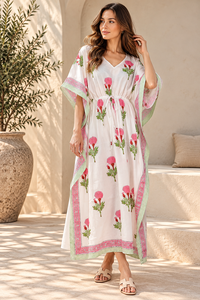 White Base Kaftan for Women 100% Cotton <b>Bohemian</b> Botanical Print <b>Maxi</b> <b>Dress</b> Tie Waist Breathable Summer Resort Wear Wholesale - Product Image 5