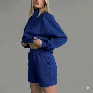 Women's Green Fleece Turtleneck Shorts <b>Set</b> Regular Fit Casual Solid Color Two Piece Sweatshirt Shorts Outfit Winter Eco-Friendly - Product Image 5