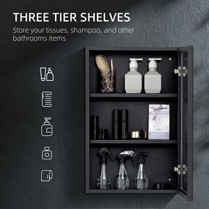 Armadietto da Parete Compatto Nero a Singola Anta per Bagno con Specchio e Ripiani - Product Image 4