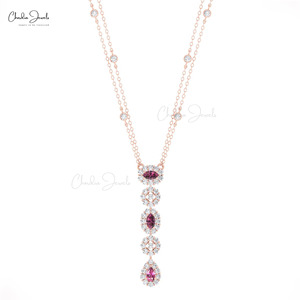 Natural 0.63 CTW Rhodolite Garnet & Diamond <b>Necklace</b> with 14k Solid Gold <b>Long</b> Chain Lariat <b>Necklace</b> Direct Wholesale Suppliers - Product Image 2