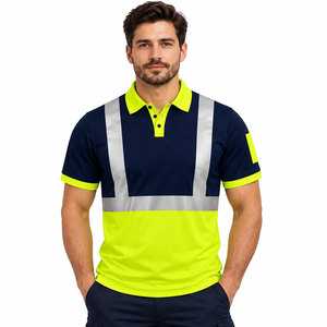 Unisex <b>Hi</b> <b>Vis</b> Reflective Polo <b>Shirt</b> Short Sleeve Navy Blue Fluorescent Yellow High Visibility Workwear Polo <b>Shirt</b> - Product Image 2