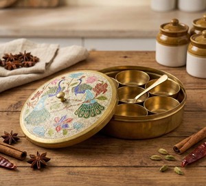 Handmade Iron Masala Dabba Spice <b>Box</b> Decorative <b>Floral</b> Lid Seven Compartment Traditional Kitchen Seasoning Storage Food Grade - Product Image 2