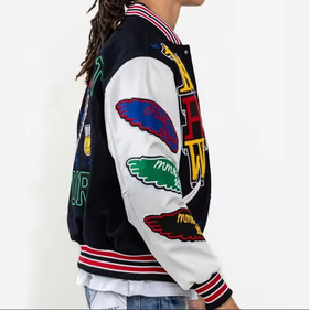 Veste universitaire personnalisée pour homme en laine et cuir chenille avec col montant et capuche rembourrée de duvet, design brodé style Letterman - Product Image 6
