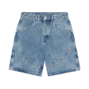 Shorts en jean pour homme, style charpentier, avec rivets en acrylique indigo, design haut de gamme, broderie, service OEM, personnalisables pour l'été - Product Image 1