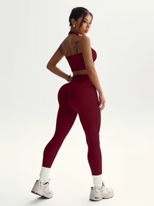 Seamless Two Piece Gym Outfit Plunging Halter Crop Top Bra with Tummy Control Silhouette Sculpting <b>Booty</b> Lifting <b>Leggings</b> - Product Image 2