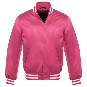 Mens Classic Canvas Varsity Bomber <b>Jacket</b> Pink Yellow <b>Red</b> Collection Geometric Striped Ribbed Trim Zipper Closure Sporty Stand - Product Image 1