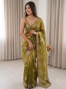 Designer Fandy <b>Satin</b> <b>Saree</b> With C Pallu Beads Embroidery Work With Sequence And Cut Work Border Paired With Fandy <b>Satin</b> Blouse - Product Image 4