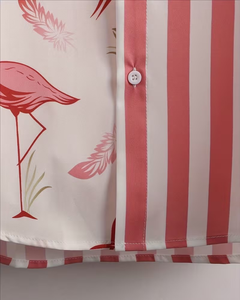 Pink Flamingo Print Polyester/Cotton Slight Stretch Short Sleeve Shirt with Matching Shorts Set for Boys Casual Wear - Product Image 6