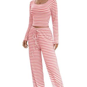 Women's Striped <b>Knitted</b> 2 Piece <b>Set</b> Long Sleeve O-Neck Top High Waist Full Length Pants Breathable Casual Spring Summer Wear - Product Image 1