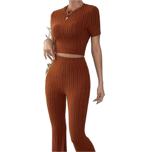 Conjunto de Dos Piezas Tejido SPINE CRAFT para Mujer, Primavera y Otoño, Color Sólido, Cárdigan y Pantalón de Pierna Ancha, Estilo Casual - Product Image 1