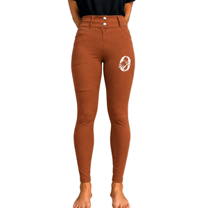 Leggings d'équitation taille haute pour femme, couleur orange rouille, extensibles, avec poche avant, texture équestre - Product Image 1