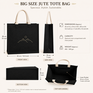 Jute Shopping <b>Bag</b> Black Mountain Design Top Handle <b>Medium</b> <b>Size</b> Daily Use - Product Image 2