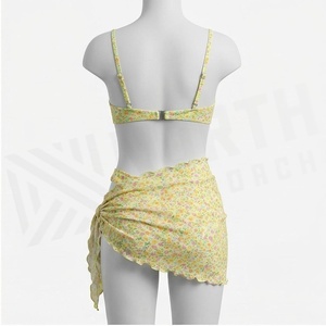 <b>Blue</b> Butterfly Print 2 Piece Yoga <b>Set</b> With Gold Trim Deep V Neck Halter Bodysuit And Knee Length Wrap Skirt - Product Image 2